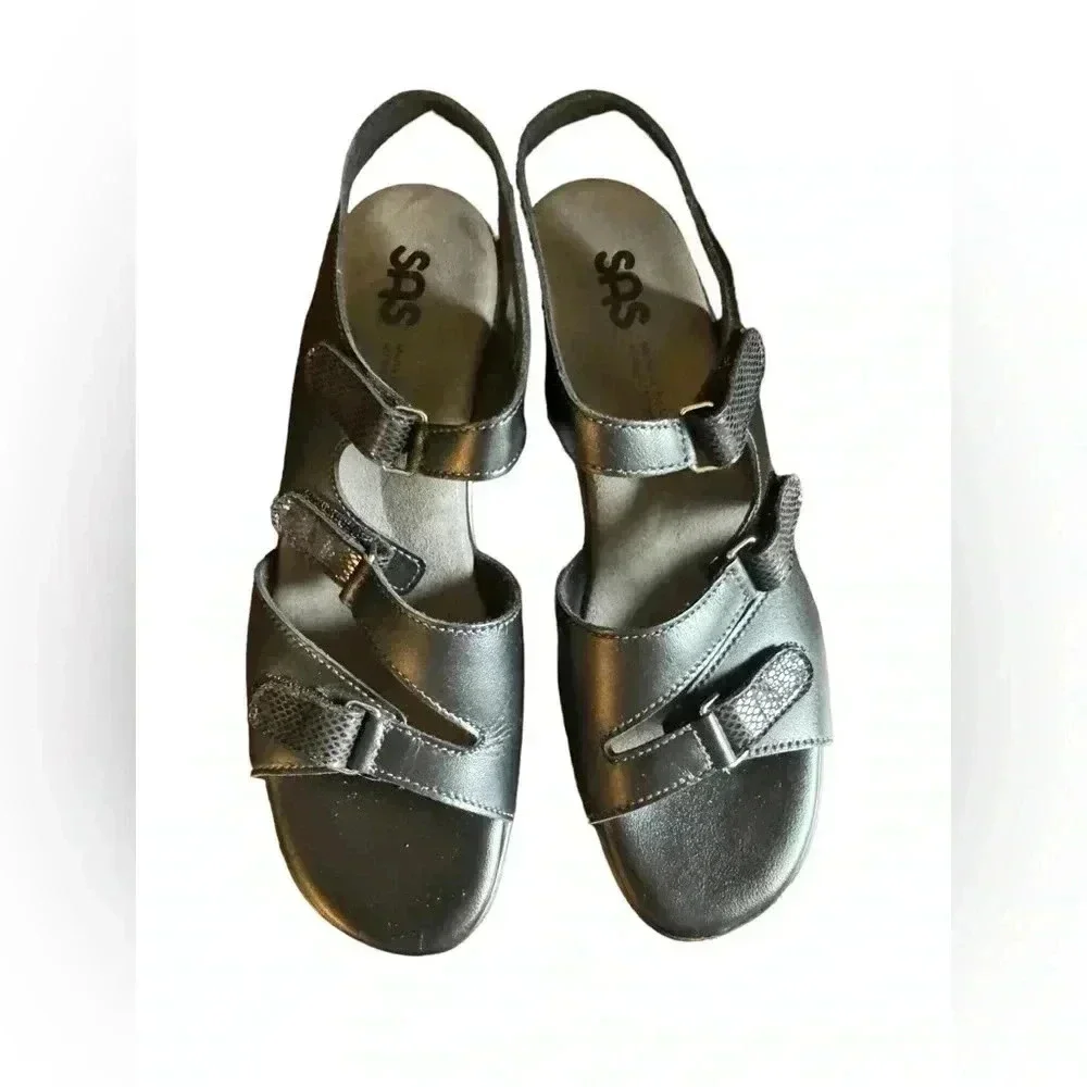 SAS Black Sandals Work Shoes Comfort Adjustable Leather Heels Extra Toe Room